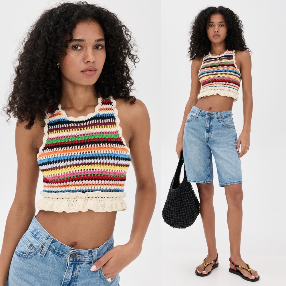NWT GANNI Cotton Crochet Frill Top 36 Small Rainbow Multicolour Stripe Crop